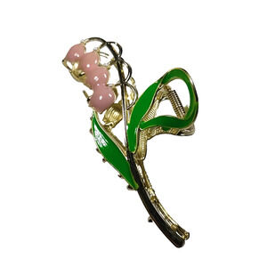 Hair Clip Barrette Snow Drop Flower Messy Hair Bun Pink Green Gold Tone Wedding